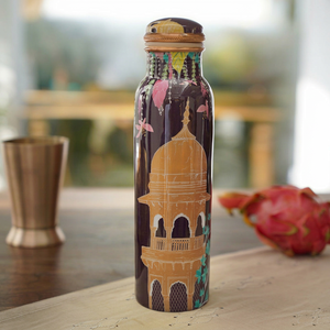 Oriental Design Copper Water <b>Bottle</b> With Mahal Print Portable Travel <b>Flask</b> Lids Included - Product Image 1