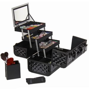Valise de maquillage professionnelle en aluminium, boîte à cosmétiques portable, organisateur, rangement de bijoux, serrure, 3 plateaux, porte-pinceaux de maquillage, miroir - Product Image 6