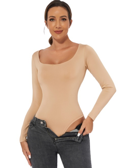 Seamless Long-Sleeve Shapewear Bodysuit (LJ-675215): side profile showing zones and edge stability