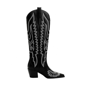 Bottes de cow-boy/cowgirl noires pour femmes, bout pointu, hauteur genou, style western rodeo, avec talon épais de 6 cm, toutes saisons, dessus en PU - Product Image 6
