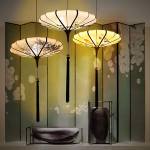 โคมไฟห้อยเพดานทรงกลมแบบจีนสมัยใหม่ ผ้าหุ้มเพ้นท์ลายด้วยมือ หลอดไฟ LED E27 หัวเดียว เหมาะสำหรับโรงแรมและเกสต์เฮาส์ - Product Image 4