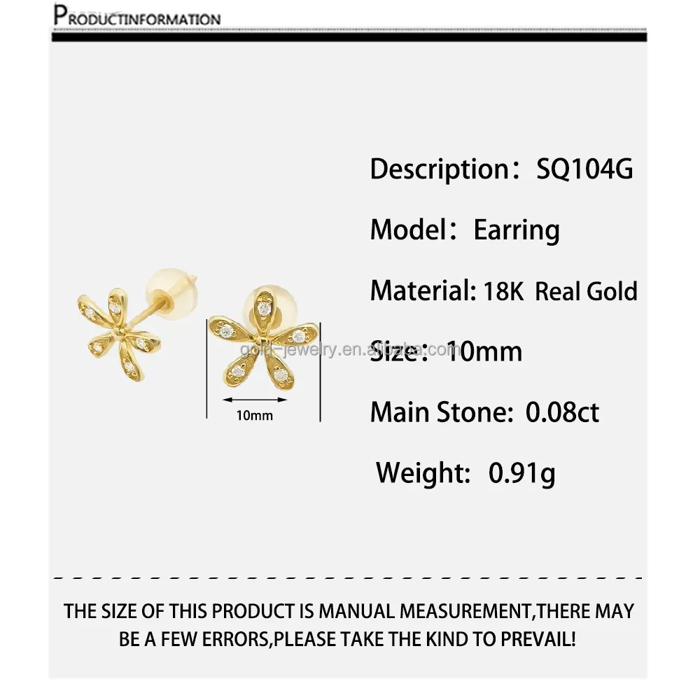 Della fabbrica Vendite Direttamente 18k Oro Reale Orecchino Delle Donne Del Diamante di Carati Gioielli In Oro Orecchini a Forma di Fiore 18k Oro Giallo commercio all'ingrosso