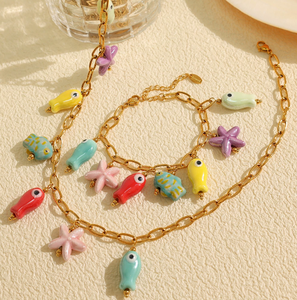 Nuovo braccialetto di smalto colorato collana di gioielli oceano in acciaio inox placcato in oro 18k collana pendente in ceramica di pesce - Product Image 2
