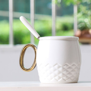 Ceramic Coffee Mug Set With Gold Handle Lid Spoon Solid Color Pineapple Design Couple Mugs For <b>Presents</b> - Product Image 2