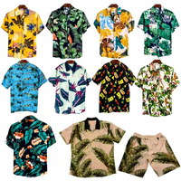 Desain Logo Kustom Cetak Sublimasi Pakaian Pantai Cepat Kering Satin Poliester Kerah Kancing Lengan Pendek Kemeja Hawaii Pria