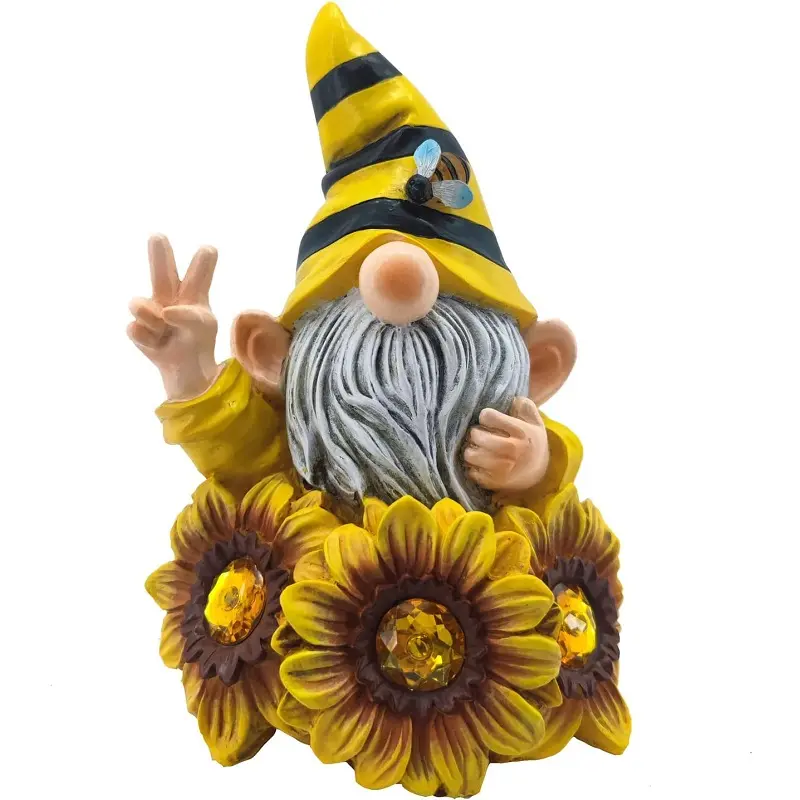 Resin Figurines Outdoor Spring Decoration Garden Gnome Sculptures & Statues Resin Summer Bee Gnome with Sunflower