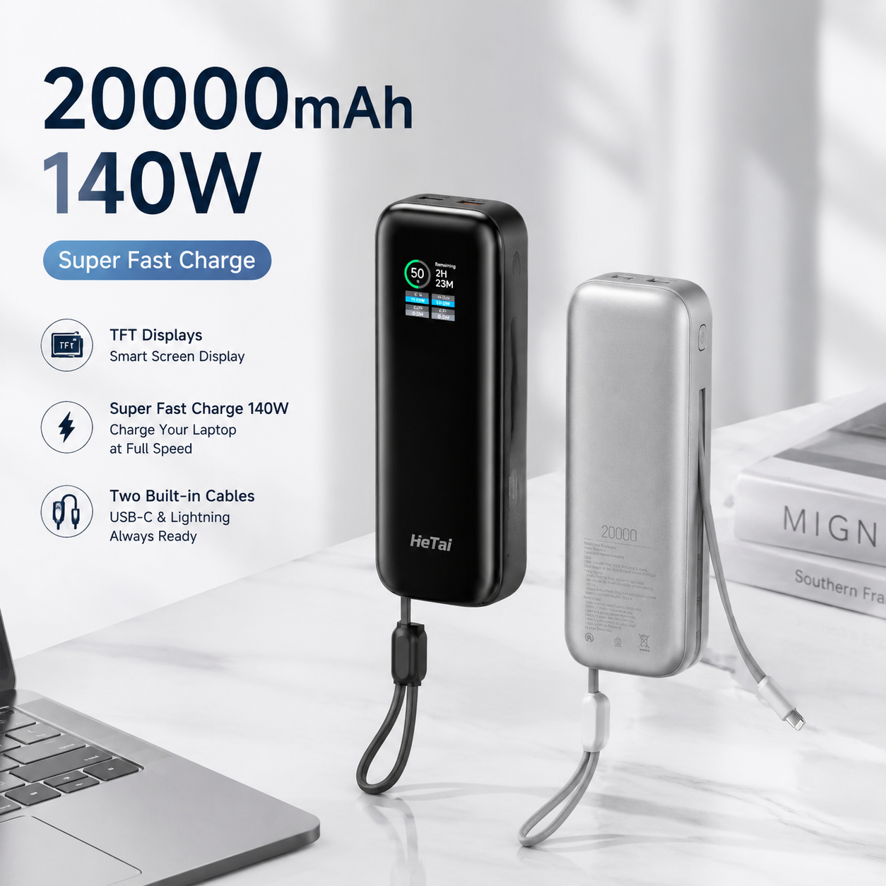 Factory Customized 20000mAh <strong>Power</strong> <strong>Bank</strong> for <strong>Laptops</strong> Super Fast Charging <strong>140W</strong> Built-in Cable Type-C/USB Output TFT Display Phone
