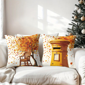 Autumnal throw pillows with vintage scenes of chairs mailboxes gramophones and suitcases under falling leaves - Product Image 3