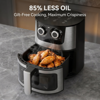 Friteuse à air carrée moderne en acier inoxydable 5,5 L avec fenêtre d'observation, sans huile, double bouton, 80-200°C, minuterie 0-60 min, grande capacité, saine