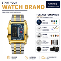 Reloj de Cuarzo con Logotipo Personalizado, Triple Zona Horaria, Caja Rectangular de Aleación Dorada, Correa de Acero de Dos Tonos, Pantalla LED, Relojes de Moda