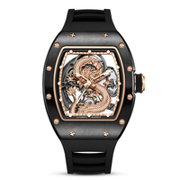 Montre-bracelet mécanique squelette noire de haute qualité 2026, avec dragon incrusté, à remontage automatique, étanche, pour homme