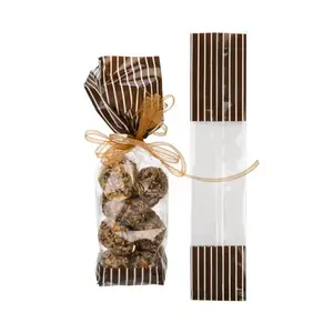 Wholesale Clear Waterproof Opp Pouch Flat Bottom Top Chocolate Brown Solid Bands Printed Cello Gusset Bags With Ribbon Close