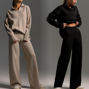 Completo in Maglia Autunno Inverno, Abbigliamento <span class=keywords><strong>Donna</strong></span>, Set Maglione con Collo a Polo, <span class=keywords><strong>Pantaloni</strong></span> a Gamba Larga, Set Due Pezzi per Signore - Product Image 1