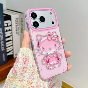 Coque de téléphone portable Cartoon Diamond KT Cat Bow pour iPhone 17 16 15 Pro Max, cadre d'appareil photo mignon et brillant, coque arrière 3D en cristal DIY IMD - Product Image 2