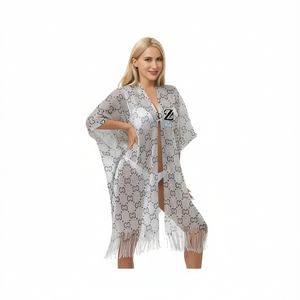 Cardigan Double C da Spiaggia con Frange e Stampa per Donna, Copricostume - Product Image 1