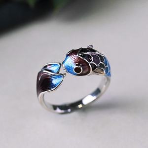 Bague en alliage Koi pour femme, style chinois classique, bleu coloré, ouverture réglable, motif poisson sautant, porte-bonheur Dragon Gate - Product Image 4