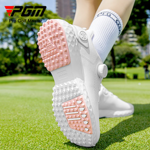 Zapatos de golf PGM para mujer, suela exterior blanca y rosa, antideslizante, impermeable, transpirable, tacón plano con botón giratorio - Product Image 1