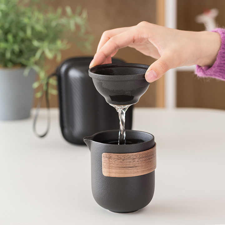 Mini Set Da Tè Viaggio In Ceramica - Teiera Kung Fu Con 2 Tazze E Borsa Portatile (Nero) - Foto 5