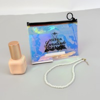 Tas Zipper PVC Holografik dengan Logo Custom, Kantong Plastik Pelangi Iridescent Laser untuk Kemasan Perhiasan Kalung Anting Kosmetik