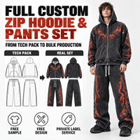 Ensemble sweat à capuche zippé et pantalon IKDEER personnalisé, motif flamme, détails œillet, tenue deux pièces pour homme, idéal pour le quotidien et le streetwear