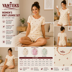 Ensemble de pyjama pour femmes, romantique, 100% coton, tricot côtelé, manches courtes, respirant, imprimé cerise, taille élastique, doux, vêtements de nuit d'été - Product Image 2
