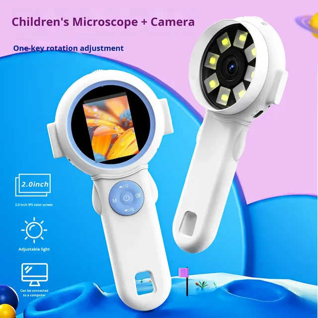 Kids Beginner Biological Experiment Portable Microscope HD Handle 4X Digital Magnifier Handheld Microscope Camera with Lights