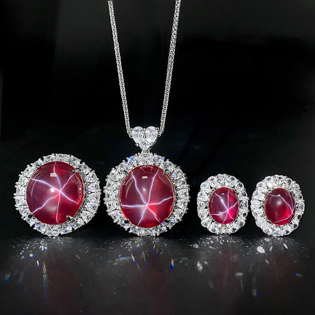 Women's Fine Jewelry Set Retro Lab Ruby Gemstone Necklace Pendant Ring Stud Earrings Wedding Party Accessories Anniversary Gift