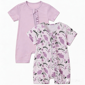 Bộ ngủ liền thân cho bé gái chất liệu viscose từ tre, khóa kéo 2 chiều, tay ngắn, size 0-3T - Product Image 1