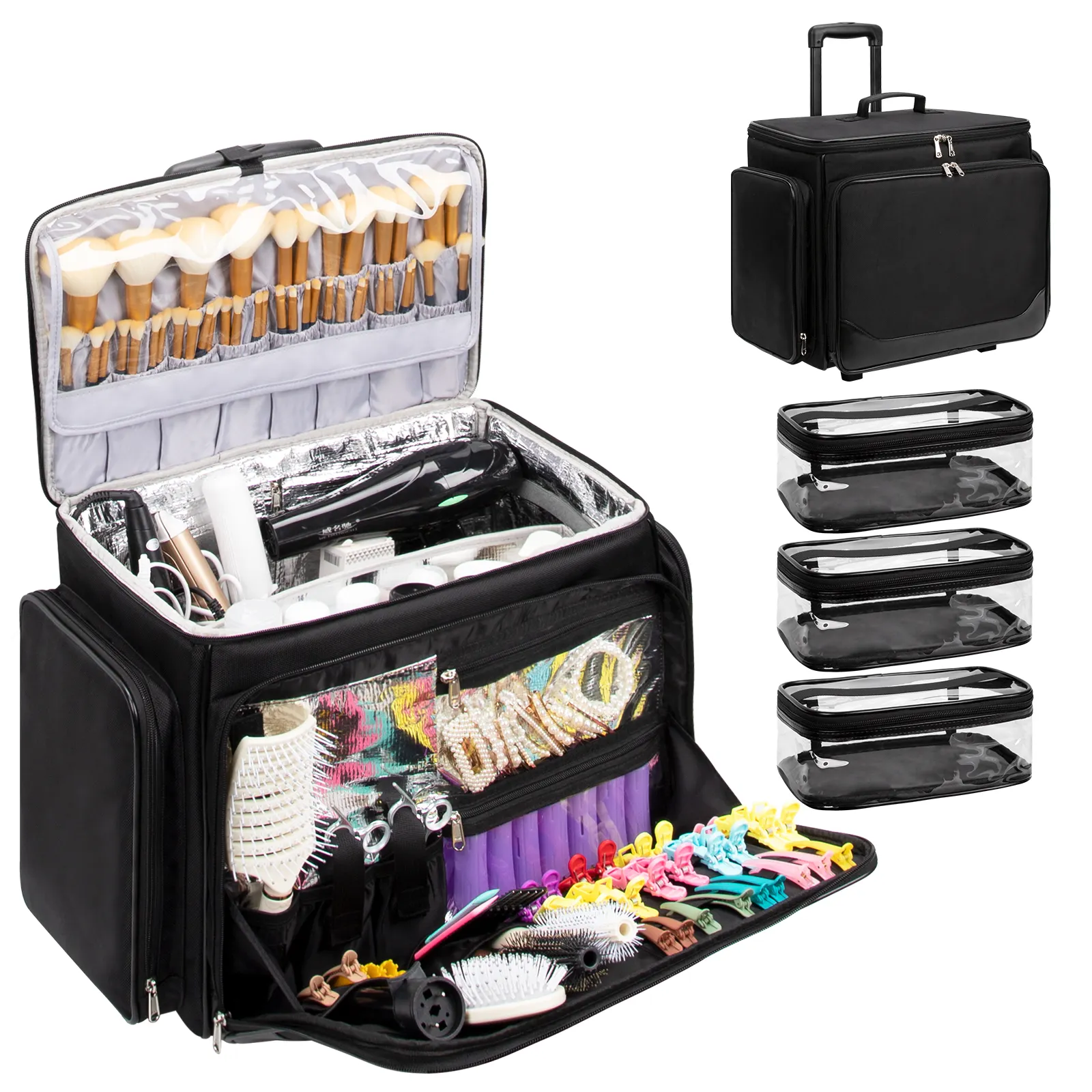 Relavel Large Nylon Trolley Suitcase for Barber Rolling Makeup Hairdresser Train Case Hairdresser Makeup Salon Organizer