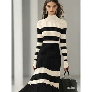 Striped Turtleneck Colorblock Midi <b>Dress</b> Women's Sweater <b>Dress</b> Long Sleeve Ribbed Knit <b>Dress</b> Black White Stripes - Product Image 1