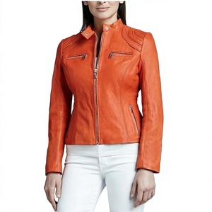 Chaqueta de Motociclista de Cuero PU Naranja, Cuello Alto, Cierre de Cremallera, Corte Ajustado, Estilo Biker con Bolsillos, Unisex, para Otoño - Product Image 5