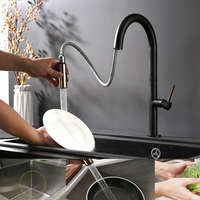 Robinet de cuisine moderne monocommande chaud/froid en acier inoxydable noir et or, à monter sur comptoir, avec douchette extractible