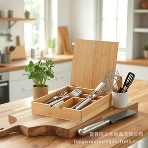 Solid Wood <b>Kitchen</b> Tableware <b>Storage</b> <b>Box</b> With Lid Rectangular Divider Organizer For Knife Fork Spoon Drawer Organizers - Product Image 1