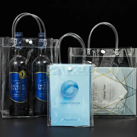 Goedkope Prijs Custom Logo Herbruikbare Plastic Doorzichtige Cosmetische Handtassen Transparant Pvc Cadeau Wrap Boodschappentas Met Handgrepen