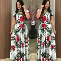 Robe d'été pour femmes, imprimé floral, robe longue décontractée à manches courtes, col creux, taille plus, robe maxi décontractée