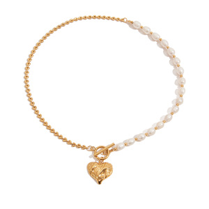 Collar de perlas de agua dulce con colgante de corazón de oro, joyería elegante de acero inoxidable para mujer, accesorio de moda - Product Image 5