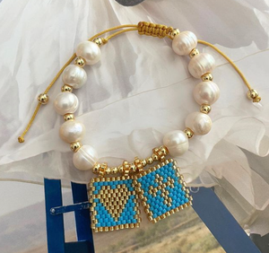 <span class=keywords><strong>Bracelet</strong></span> à breloques en corde élastique en <span class=keywords><strong>plastique</strong></span> pour filles, fait à la main, Style Simple, Boho, croix, cœur, perle d'eau douce naturelle, perlé - Product Image 3
