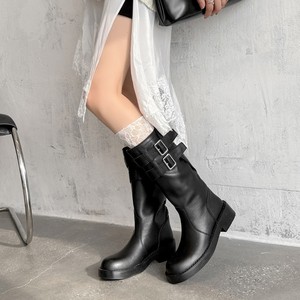 Bottines mi-mollet pour femmes, style moto vintage noir, couleur unie, talon épais, double boucle - Product Image 3