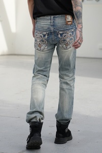 Jeans de mezclilla para hombre, de corte recto, con bordado, lavados, de cintura media, de algodón, de moda. - Product Image 4