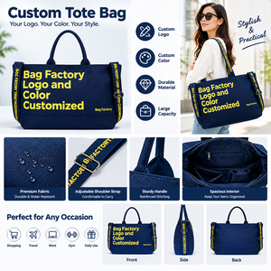 Sac fourre-tout portable pour femme avec fermeture éclair, poignée unique, léger, pliable, en toile, logo personnalisé - Product Image 1
