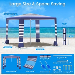 Carpa de Playa Grande de 8'x8', Protección UPF50+, Refugio Solar, Altura Ajustable, Resistente al Viento - Product Image 6
