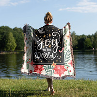 Plaid Jacquard en Polyester et Coton à Pompons, Motif Floral et Lettres de Noël, Housse de Canapé Personnalisée pour Maison et Hôtel