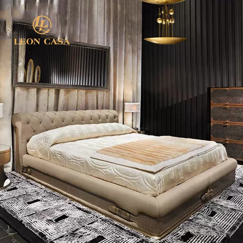 Factory Price Custom Made Villa Bedroom Set Wedding Bed King And Queen Size Solid Wood Frame Exclusive Luxury Leather Bed