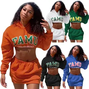 Custom Letter Printed Women High Street Style sets Crop Hoodies Sweat Skirt Two Pieces Set women hoodies sets