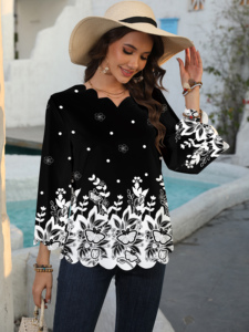 Blus Wanita Pola Gelombang Laser Burnout Elegan Lengan Panjang Grosir Pabrik OEM - Product Image 3