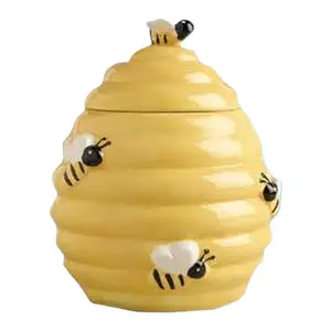 Wadah penyimpanan kue burung hantu keramik sarang lebah kuning berbentuk kustom toples keramik stoples keramik wadah penyimpanan makanan hewan peliharaan krim madu