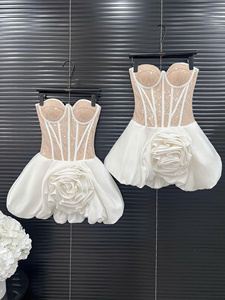 <b>White</b> Strapless Sweet Solid Satin Woven Mini Dress Lace Bodycon <b>Corset</b> Natural Waist Ruffle Hem Party Evening Summer Wear - Product Image 2