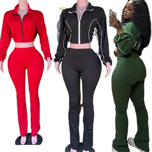 ชุดเซ็ต 2 ชิ้นสำหรับผู้หญิง ฤดูใบไม้ร่วง ผ้าถักเนื้อแน่น แจ็คเก็ตซิปแบบปกติ กางเกงจ็อกเกอร์ลำลอง ระบายอากาศได้ดี ผลิตจากผ้าสแปนเด็กซ์/โพลีเอสเตอร์ - Product Image 1