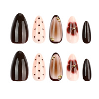 Faux ongles à presser Amande Brillants, Motif Léopard Tortue Vintage Automne, Charme 3D, Floral Blanc, Pois Dorés