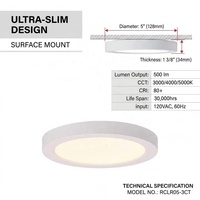 Plafonnier LED moderne de 5 pouces à montage en surface, dimmable Triac, AC120V, 3 températures de couleur sélectionnables, certifié ETL, garantie de 3 ans, pour la maison et le bureau, 6W